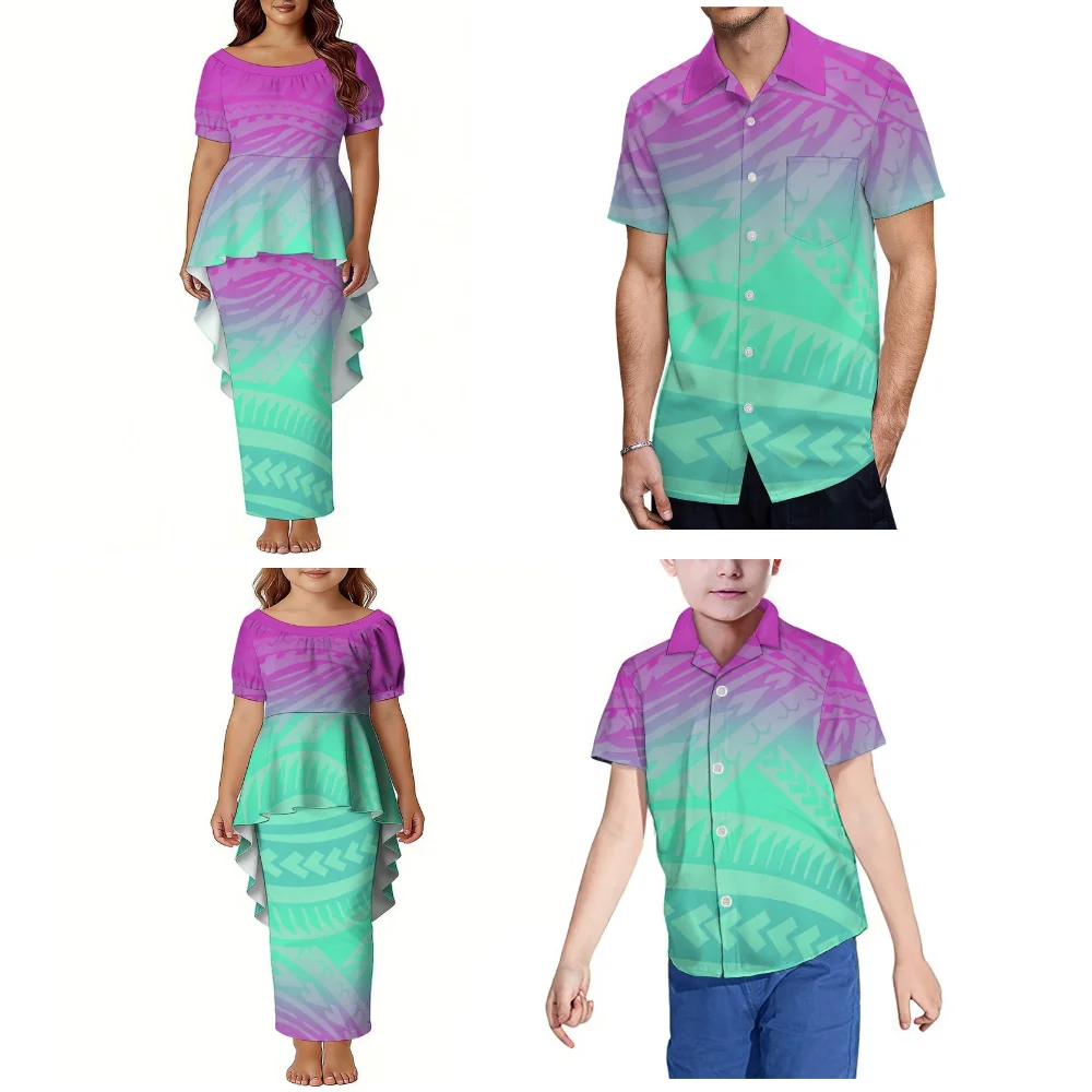Polynesian Island Custom Men'S Shirts Family Sets Elegant Women'S Puletasi Dresses And Girls' And Boys' Clothing