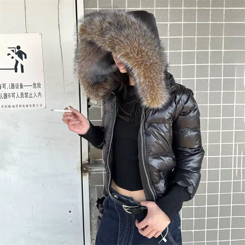 Women Winter Slim Fit Cropped Down Jacket Detachable Sleeves Faux Fur Collar Warm Puffer Coat Casual Fashion Outerwear