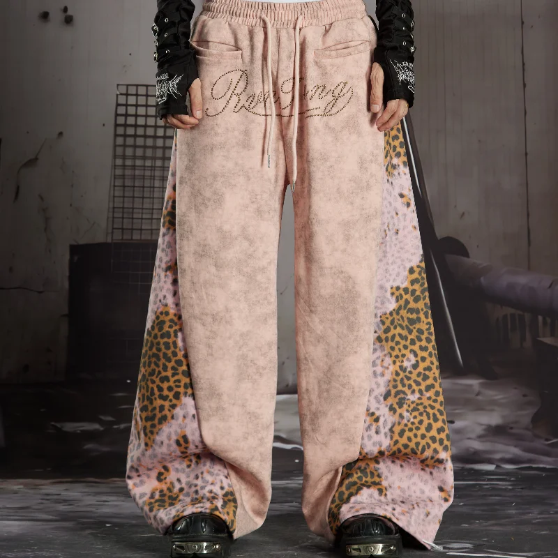 

MWJLPWQ Heather Leopard Splice Wide Leg Sweatpant Rhinestone Letter Drawstring Elastic Waist Men Street Casual Bottom 16941