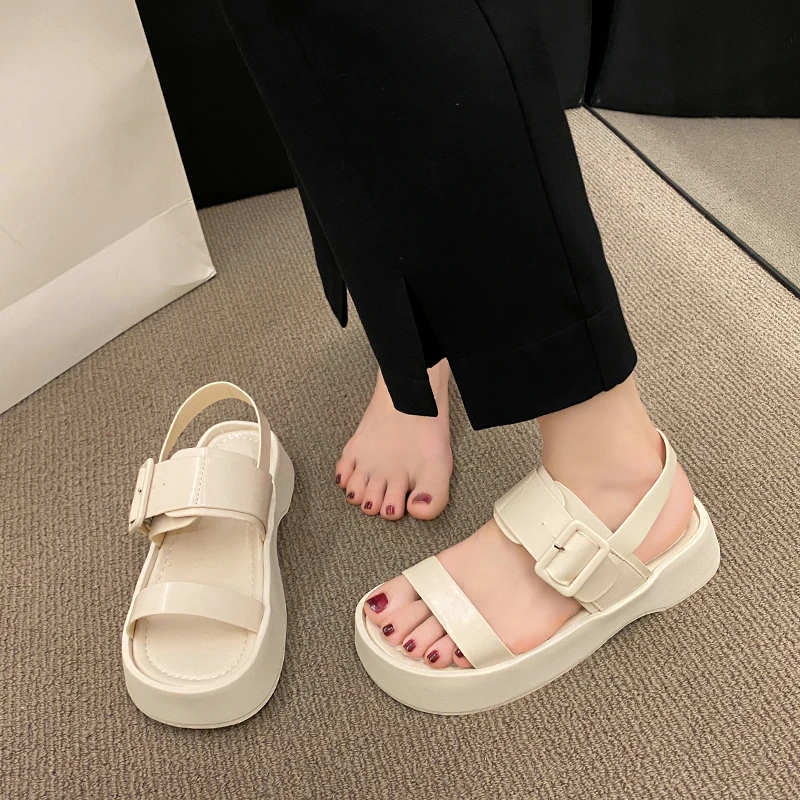 

2024 Summer Classic Women's Sandals Female One-word Buckle Solid Braid Open Toe Low-heeled Beach Sandals Women Mid-heel Size 40