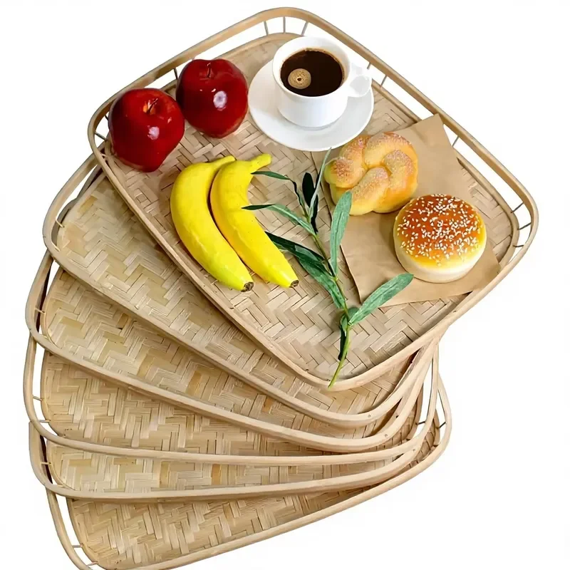 Rectangular Bamboo Tray with Handle Hand Woven Natural Wood Serving Platter Stackable Farmhouse Decor 16.9x13 Inch for