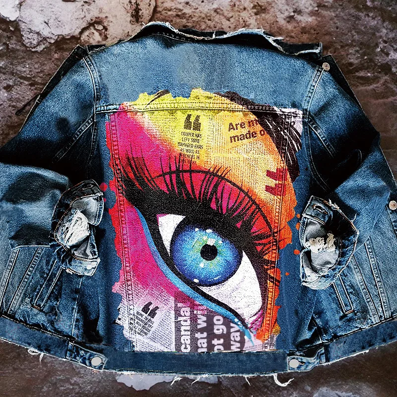 Big Eyes European and American  Foreign Trade Denim Jacket Ladies High Street Hip-Hop Loose  Coat