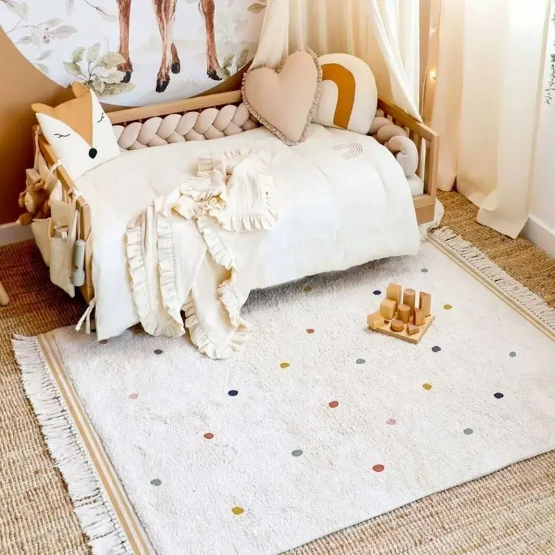 Dot Plush Bedroom Rug With Tasselsl White Fluffy Carpet For Living Room Hairy Nursery Play Mat For Children Soft White Foot Mat