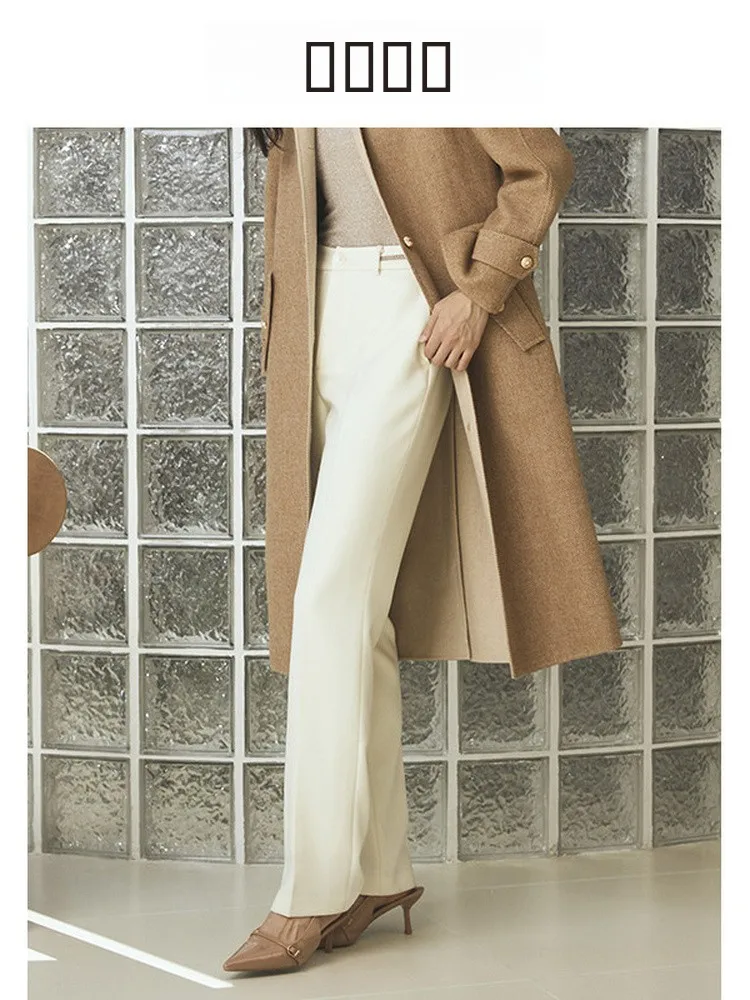 

Повседневные брюки со средней посадкой, шерстяные, прямого кроя, с бисерной цепочкой, женские, модные, осенние, универсальные, с элегантной посадкой на талии