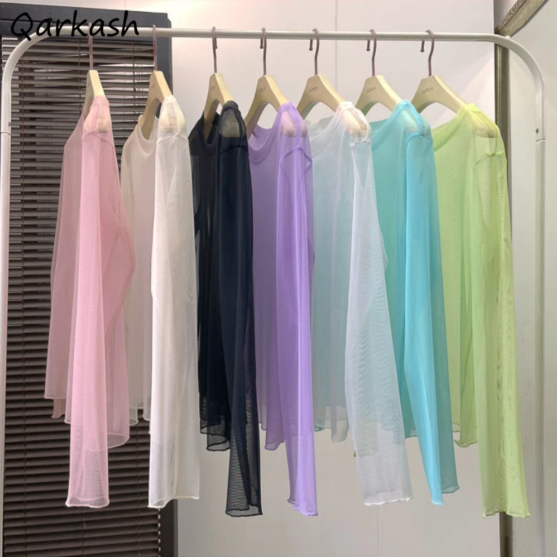 T-shirty damskie gaza jednolita, letnia cienka O-neck cały mecz krem do opalania słodka prosta na co dzień damska koreański styl podstawowa moda