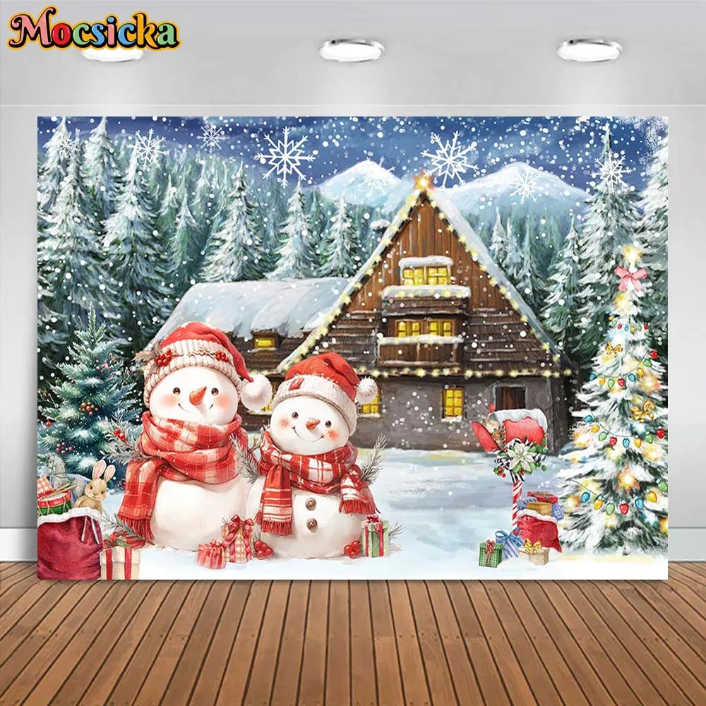 

Mocsicka Winter Christmas Background Snow Forest Wooden House Snowman Xmas Tree Baby Kids Portrait Photo Backdrop Shooting Props