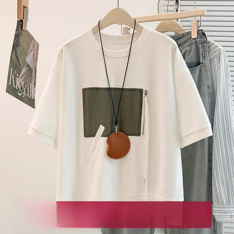 

Новая летняя свободная повседневная модная футболка в корейском стиле с коротким рукавом, утягивающая, больших размеров, женская, для города, хлопковая