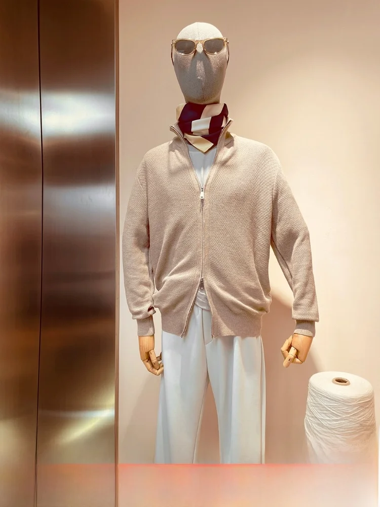 

Italian Luxury Knitted Sweater Men's Wool Silk Blend Casual Jaet Pine Texture Proc Busin Leisure Woolen Coat