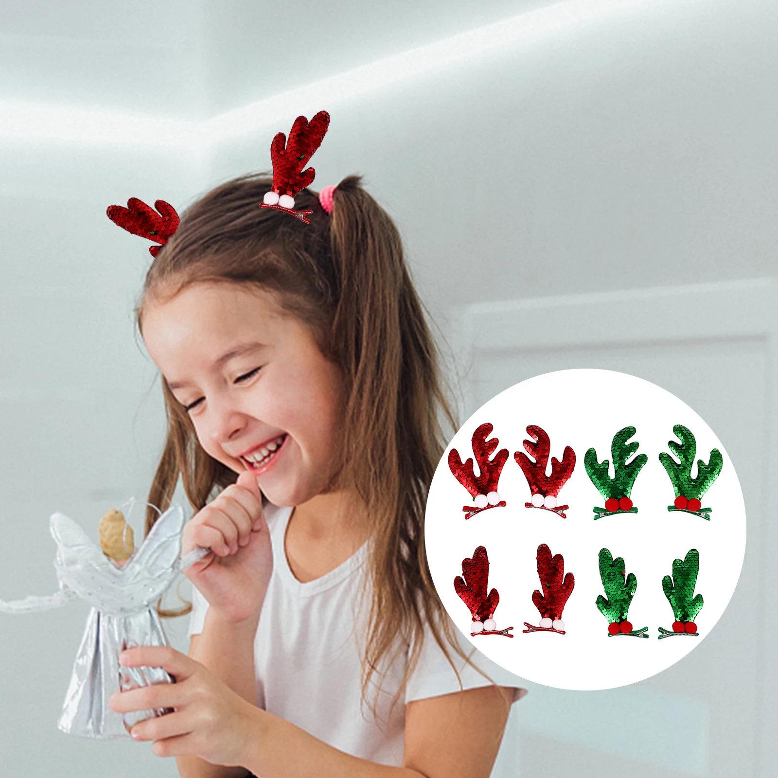 

8 Pcs Antler Hairpin Glitter Reindeer Christmas Clips Barrettes Sequin Decor Accessories for Girls Party Festive Gifts