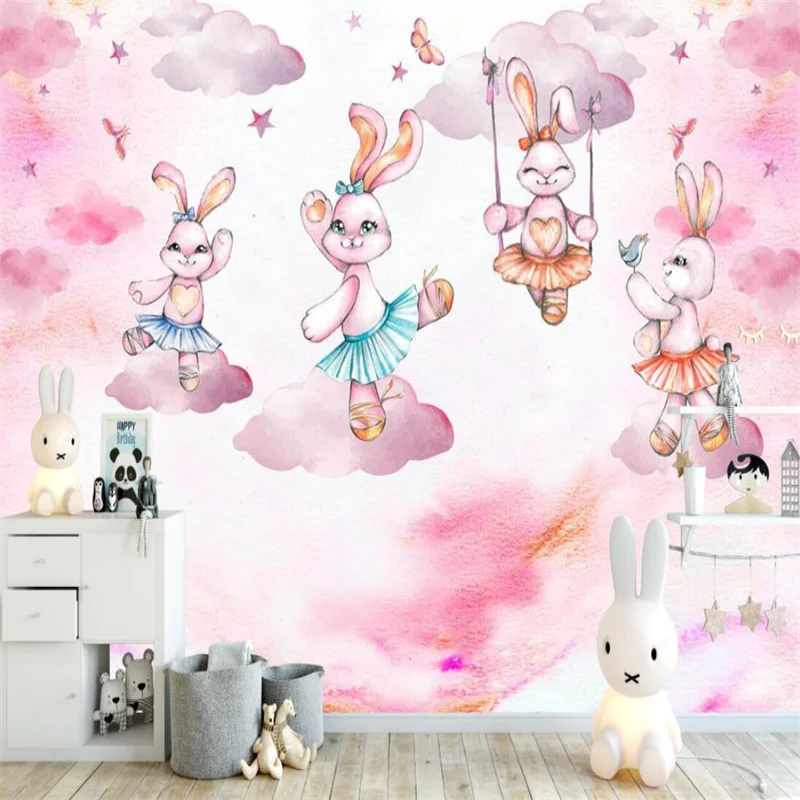 

Nordic Hand-painted Pink Clouds Cute Cartoon Rabbit Girl Room Kids Room Decor Wall Paper Children's Room Custom Mural Wallpapers