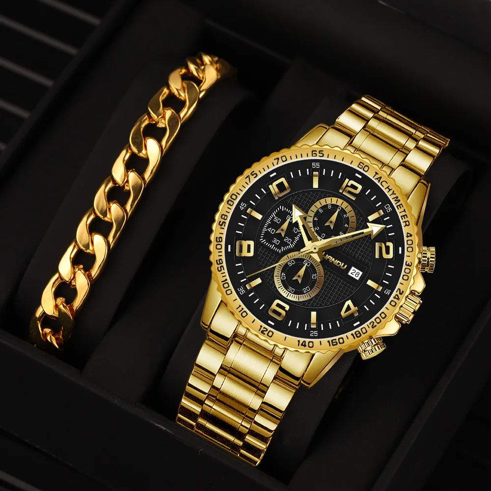 Mens Watch Bracelet Set 2pcs Luxury Gold Top Brand Fashion Casual Watch With Calendar Quartz Wristwatches Relogio Masculino