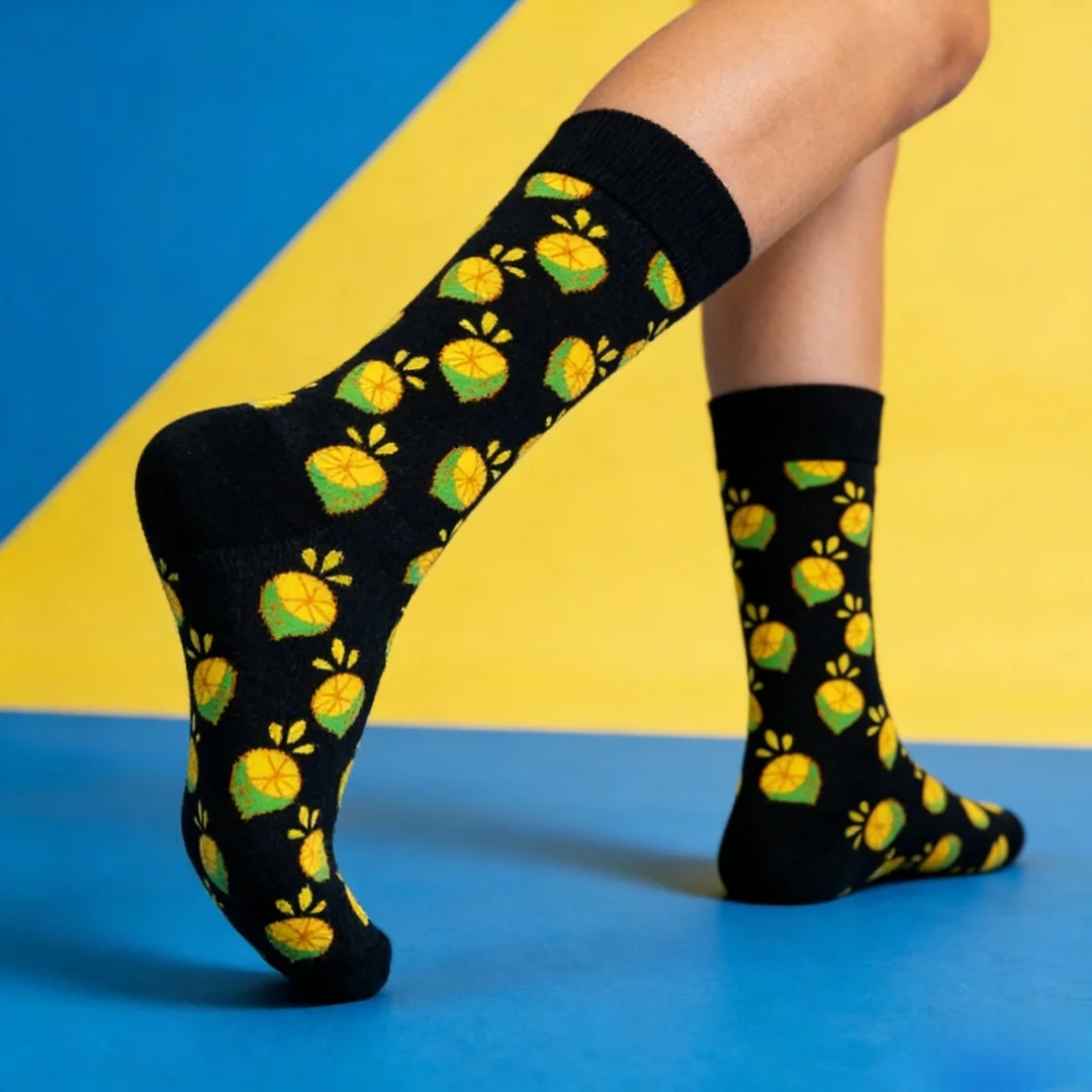 زوج واحد من جوارب منتصف الساق بنمط الليمون الطازج والمقش، عصرية ومميزة، مناسبة للجنسين على مدار العام