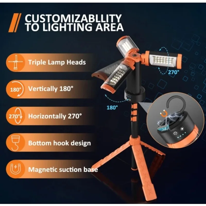 9000mAh Rechargeable Camping Work Light Dimmable Magnetic Emergency Flashlight Detachable Tripod Stand 186cm 74Inch Max Height