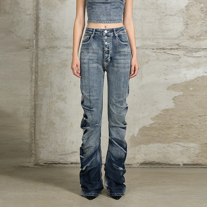 ANJY Spring Autumn New Women Design Gradient Color Stylish Pleated Slim Fit Jeans Fashion Vintage High Street Denim Pants A20659