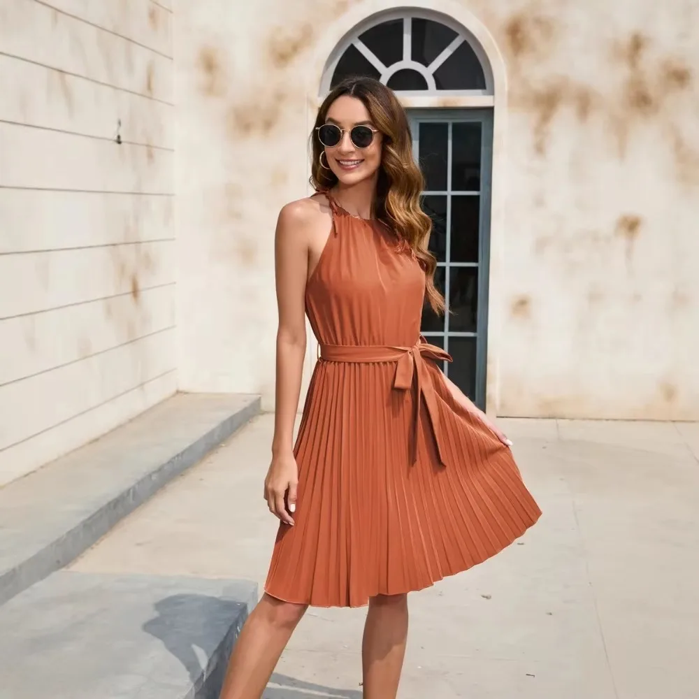 Women Elegant Solid V Neck Slip Maxi Gown, Sleeveless Spaghetti Strap Waist Cinched Dress For Summer Beach Party Casual Occasion
