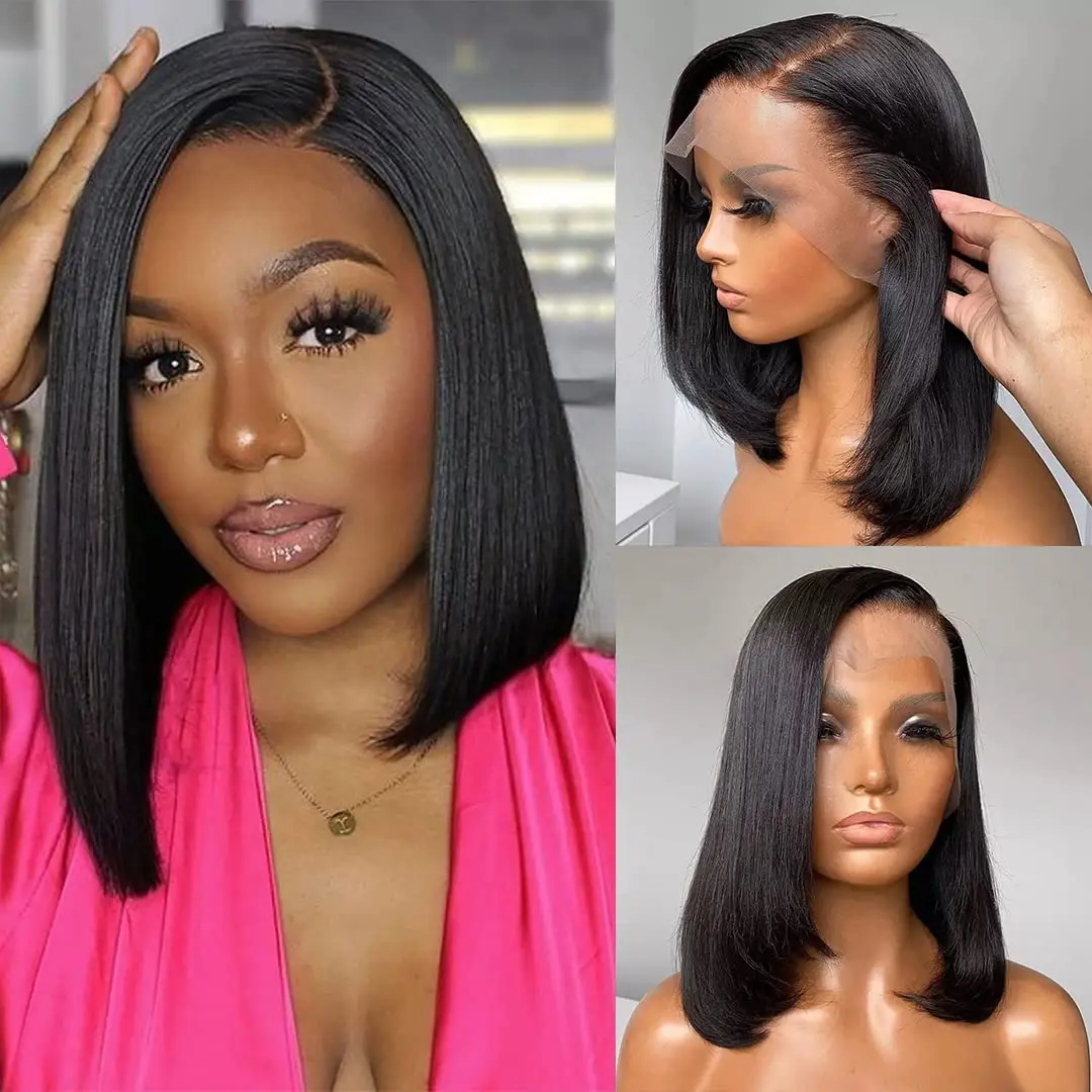 

200% Плотность 13x4 Короткий Боб Прямые Бразильские Волосы Remy HD Прозрачные Кружевные Полные Фронтальные Парики 6x6100% Человеческие Волосы Для Женщин