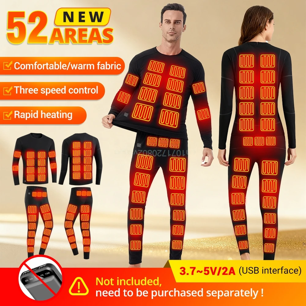 

52 Areas Heated Underwear Men Winter USB Electric Heated Thermal Underwear Women's Ski Heating Outdoor Sports Thermal Underwear