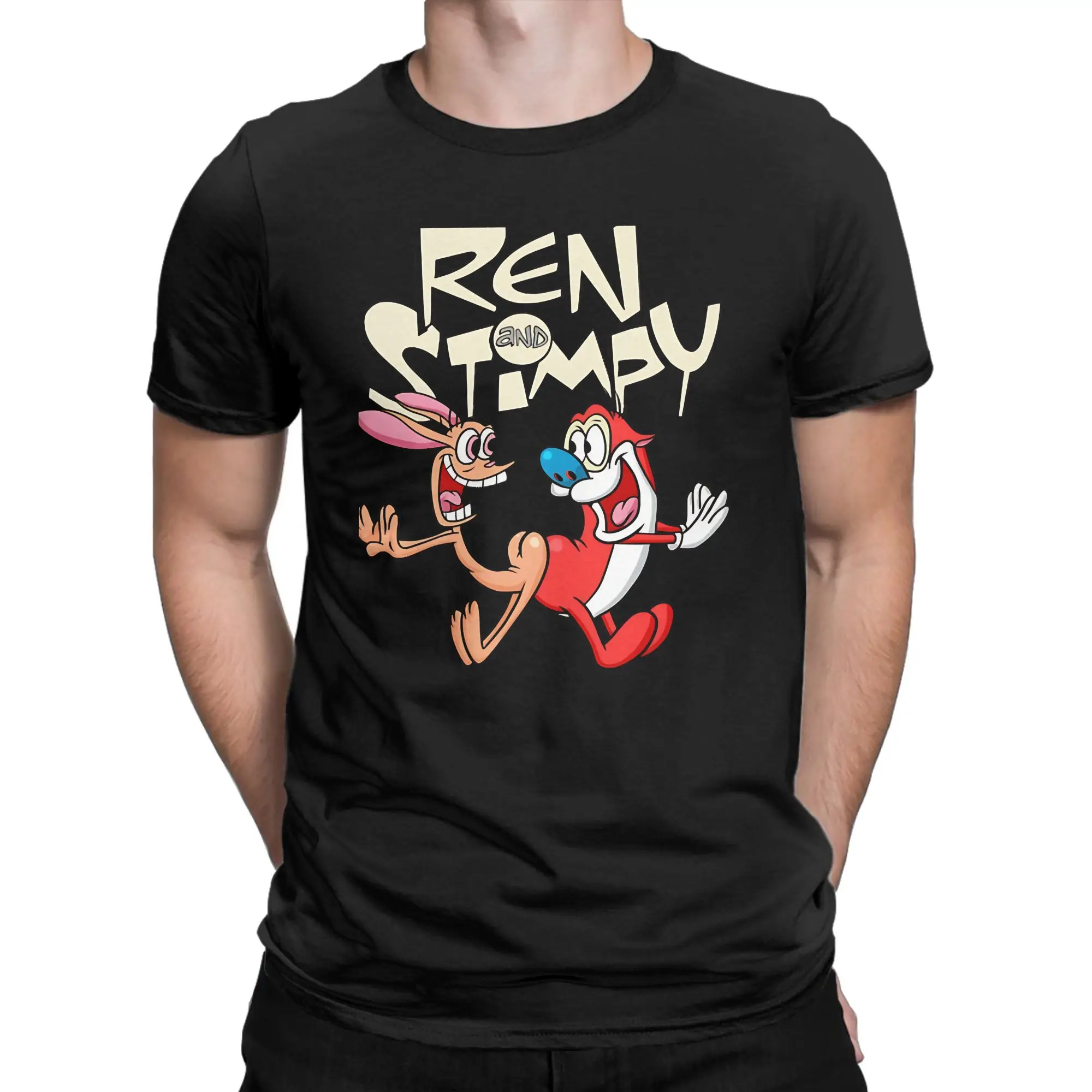 Cat and Dog Graphic Graphic 100% Cotton T-Shirt R-Ren & Stimpy Tops Tees For Men