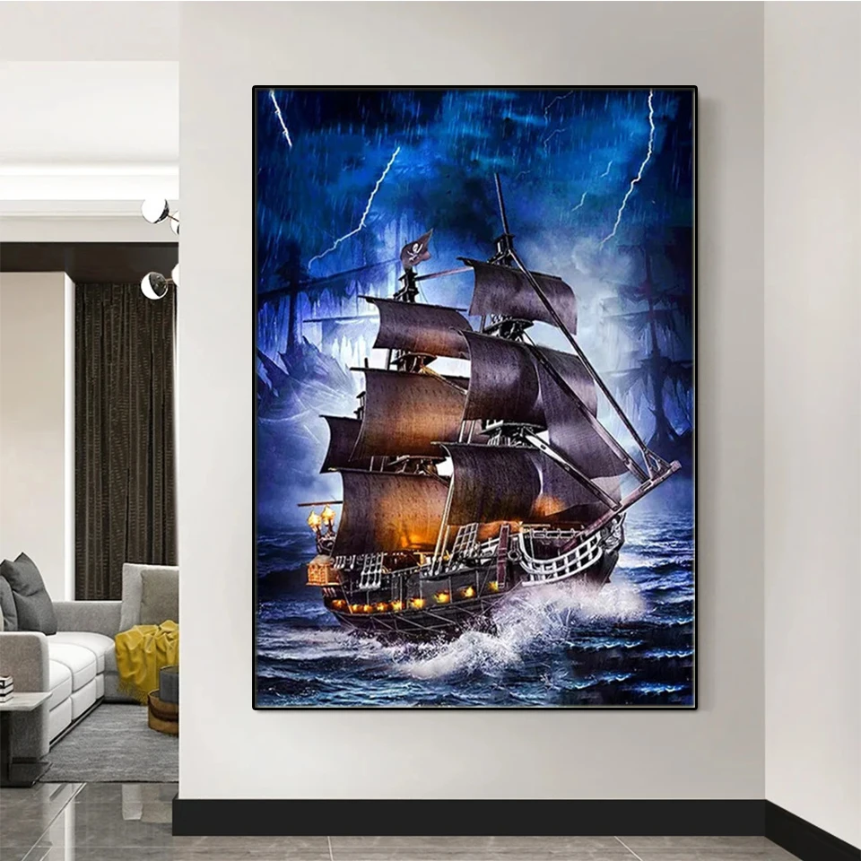 Landscape Ship Sailing Sea DIY Diamond Painting Boat Cross Stitch 5D Full Diamond Embroidery Mosaic Home Decor Handmade Art