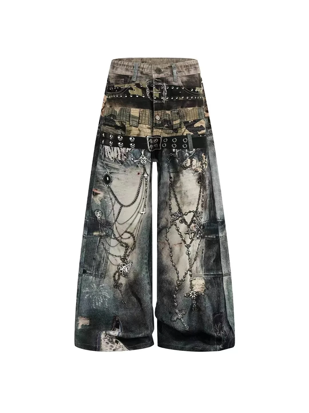 Digital Print Vintage Wide Leg Men's Jeans Hip Hop American High Street Personality Chain Spring Autumn Long Trousers