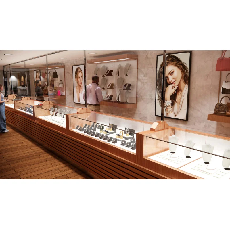 custom.Jewelry & Showroom Interior Design Custom Wooden LED Glass Showcase Counters Waterproof Full Shop Deco view 2