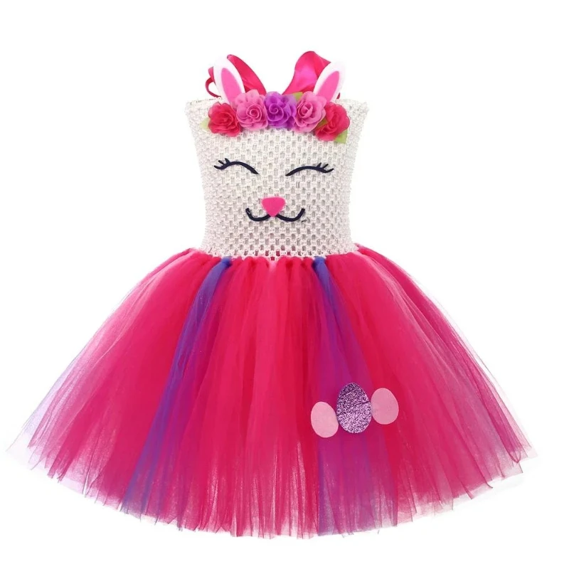 Flower Easter Bunny Costume for Baby Girls Rabbit Halloween Tutu Dress for Kids Birthday Party Outfit 3 Layered Princess Dresses