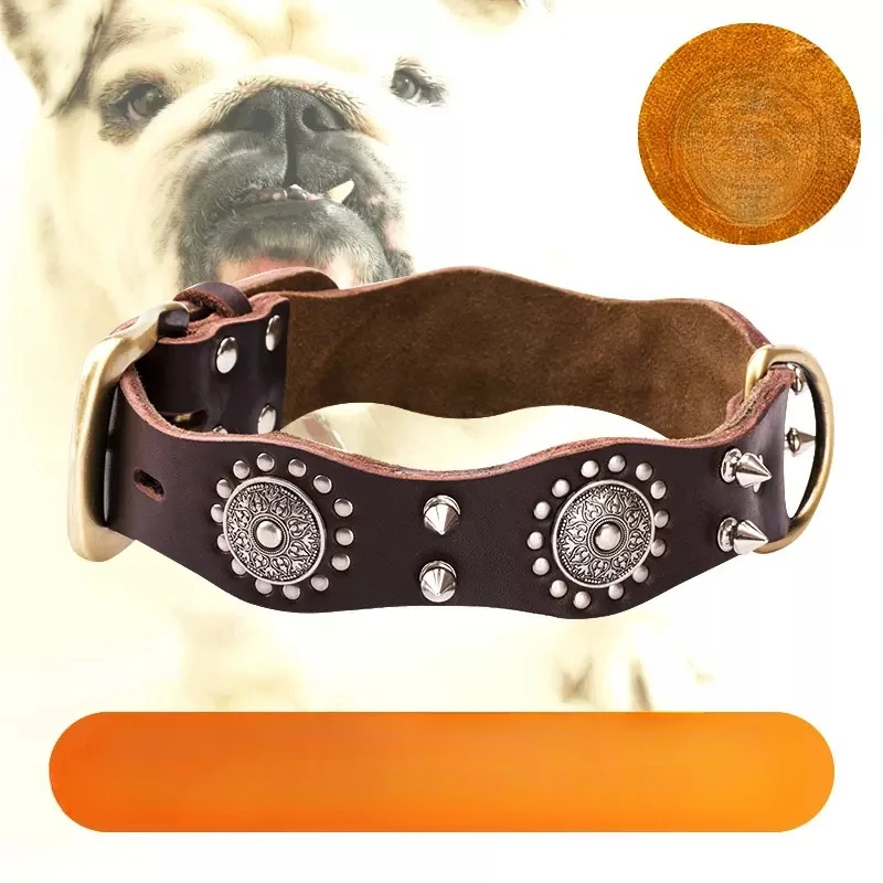 

Cowhide Rivet Dog Collar Large Dog Anti Bite Dog Collar Bullfighting Golden Hair Method Leather Dog Neck Cover