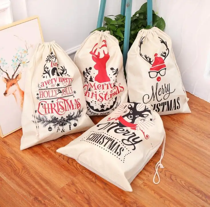 Christmas Gift Bags Large Organic Deer Elk Bag Storage Xmas Sack Drawstring Bag Reindeers Santa Claus Kids Candy Sack Wholesale