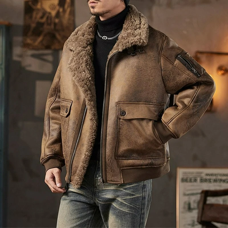 

Men Fur Coat in One Piece 2026 Winter with Added Fleece Thickened Cool Retro Motorcycle Warm Leather Jacket Men's Cotton Clothes