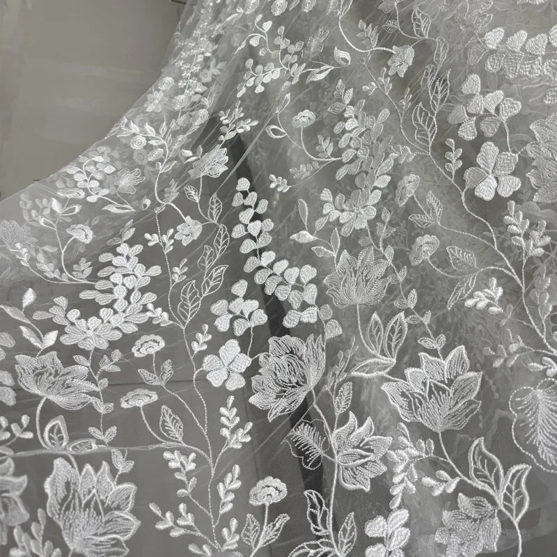 

Premium Elegant Floral Leaf Embroidered Lace Fabric Wedding Dress Bridal Gown Evening Wear Formal Outfits Bridal Crafts Sheer