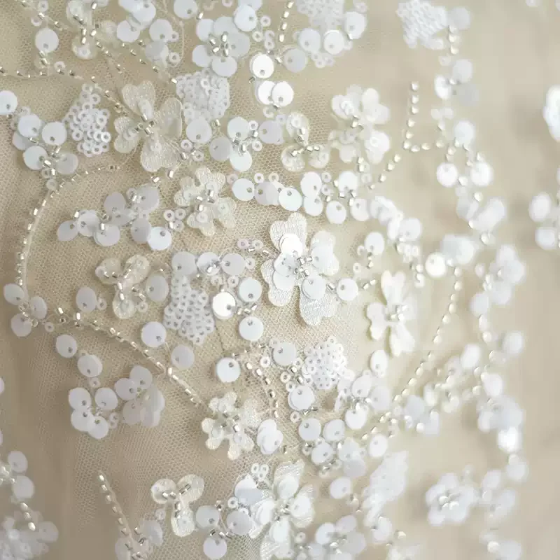 1yard Elegant  Embroidery Lace fabric Silver Beaded Lace Bridal Veil Headpiece DIY Craft Supplies Designer Fabric for patchwork