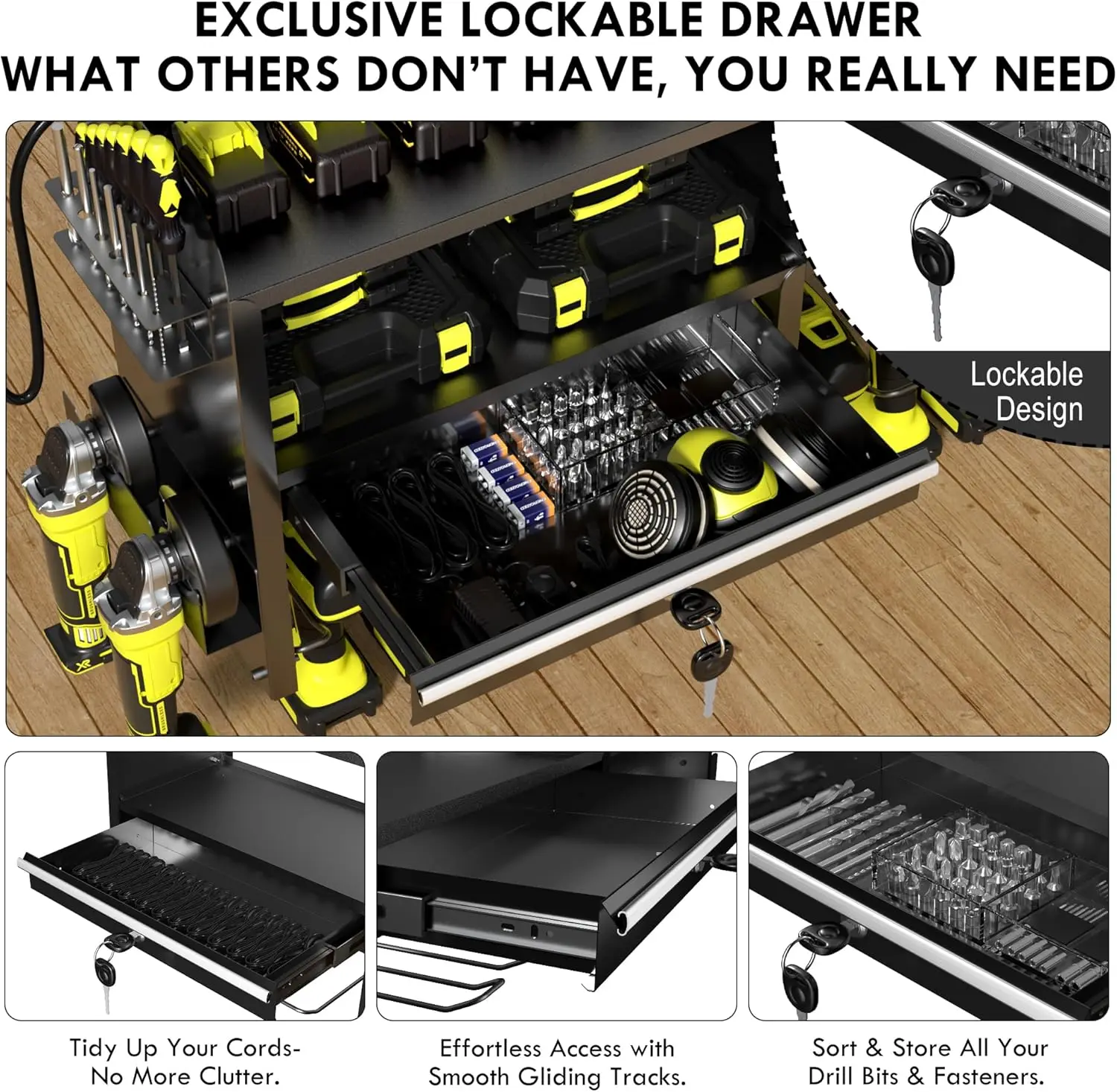 

Power Tool Organizer Wall Mount with Drill Rack, Grinder Holder, Hammer & Pliers Rack, Locking Drawers,Factory Direct Sales