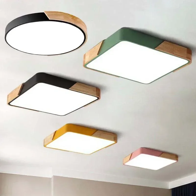 Modern LED Ceiling Light Square round Wooden Design Dimmable Macaron Colored Lamp for Living Room Bedroom Remote Control 30-60cm