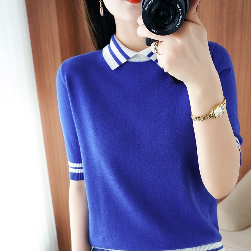 Summer New Half-sleeved Women Polo Collar Sweater Slim 100% Cotton Color Contrast Pullover T-shirt Knitted Base Casual Sweater