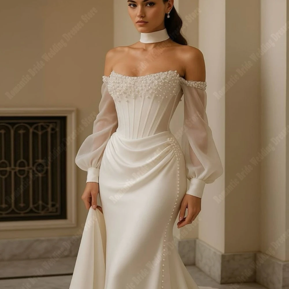 

Off The Shoulder Women Wedding Dresses Vintage Long Sleeves Satin Bridal Gowns Engagement Banquet Vestidos De Novias Customized