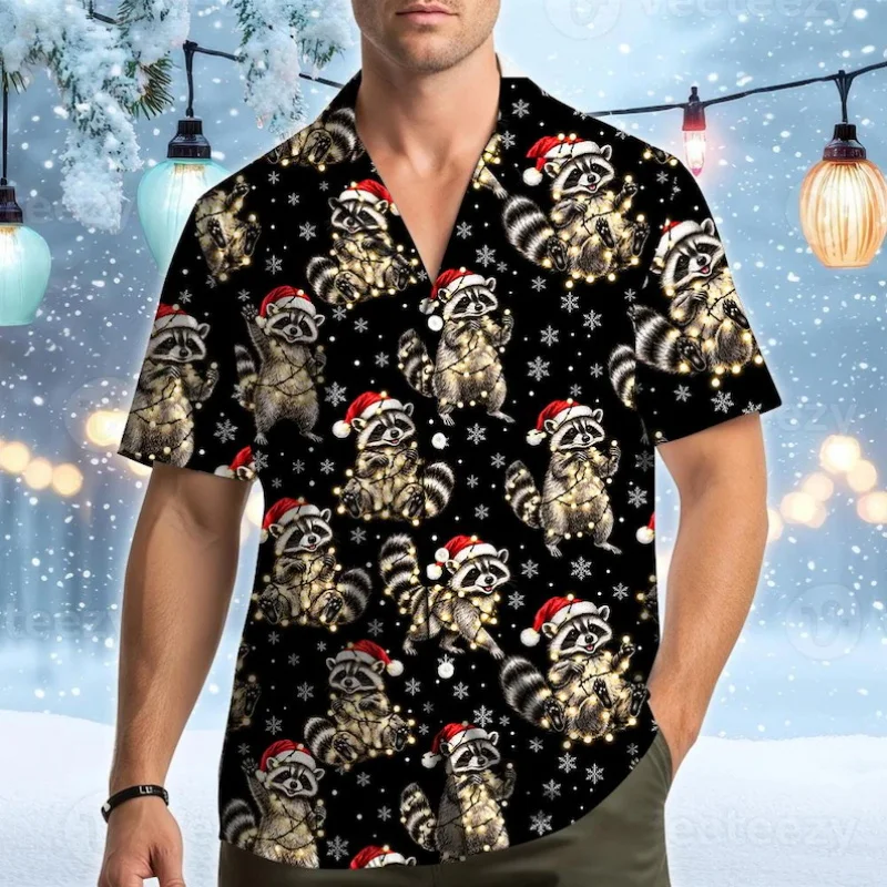 Men Short Sleeve Hawaiian Shirt Christmas Raccoon With Santa Hat Fairy Light Snowflake Print Xmas Holiday Button Down Shirt