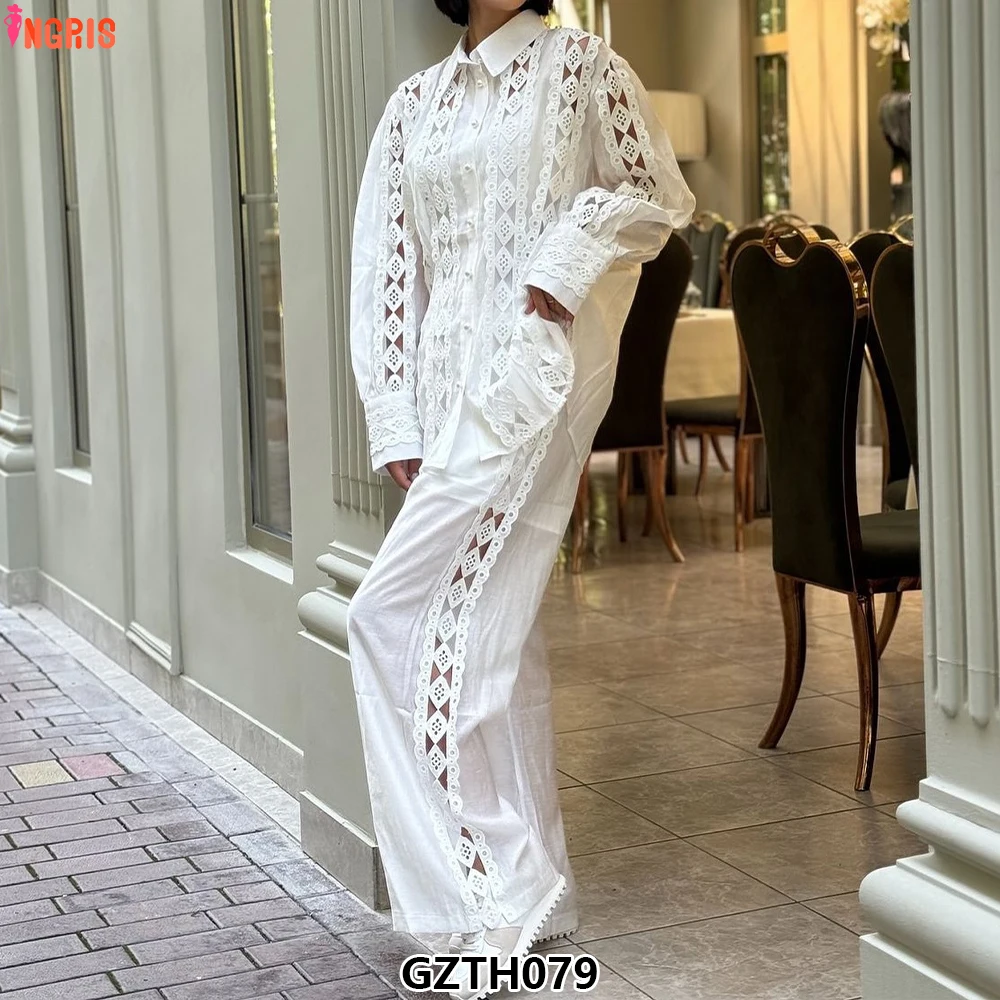 New Hollow Crochet Lace Splicing Long-sleeved Shirt High-waisted Wide-legged Pants Women's Casual 2-piece Set Fashion-GZTH079