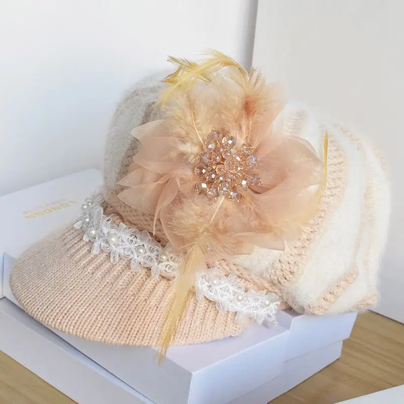 Autumn Winter Warm Rabbit Hair Textile Thick Visor Hat for Women High end Western Style Knitted Hat Water Diamond Pearl Fl
