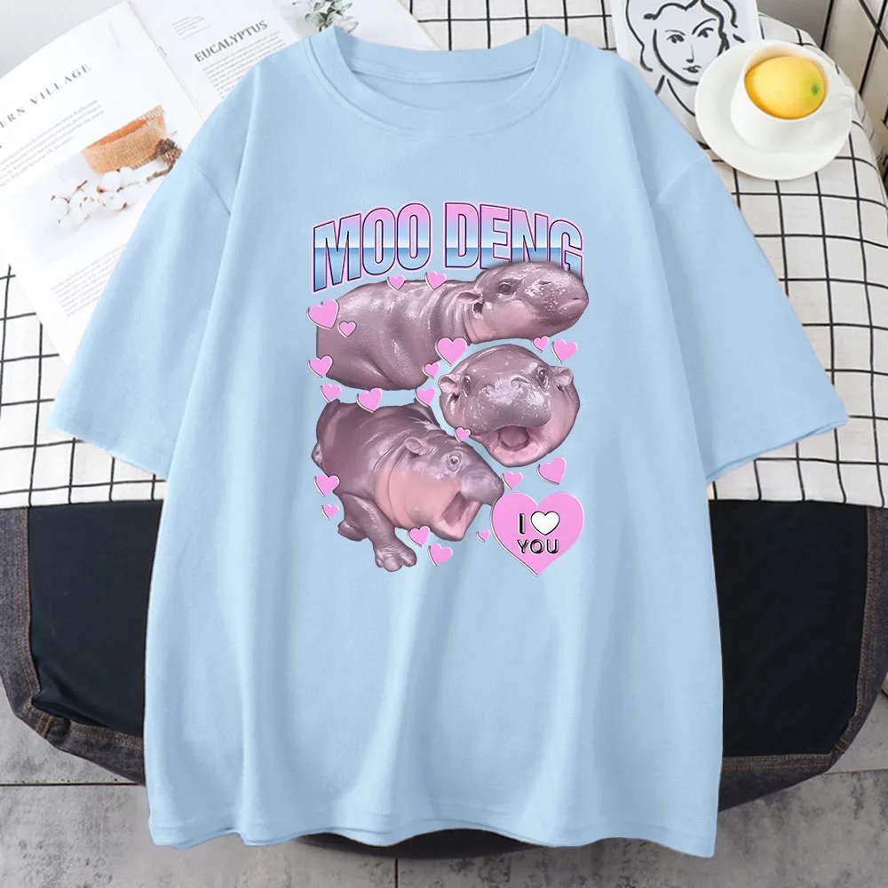 Moo Deng Hippo T-shirt Bawełniane letnie koszulki damskie z krótkim rękawem Ropa De Mujer Casual Cartoon Graphic Printing Tee-shirt O-neck