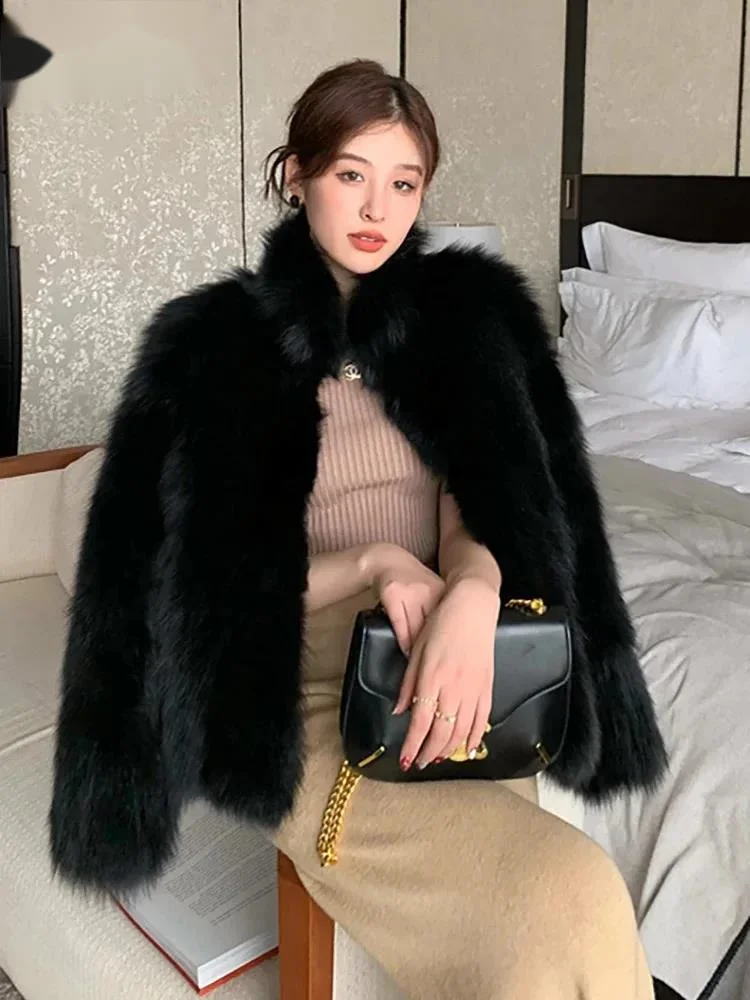 

Fashion Black Faux Fur Coat Women's Stand Collar Long Sleeves Plush Thick Short Jacket Winter New 7VGT1