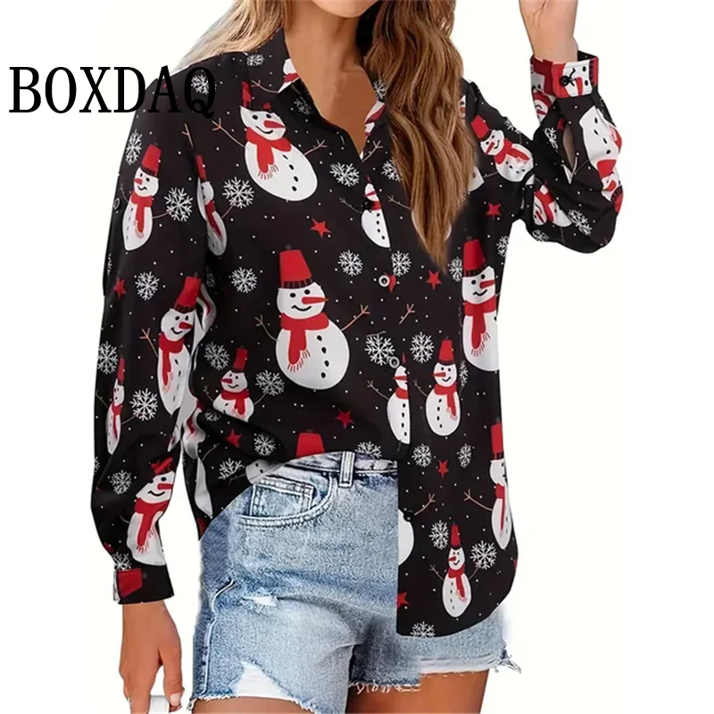 Women\'s 2024 New 3D Christmas Print Long Sleeve Blouses Elegant Lapel Long Sleeve Tops Winter Spring Single-Breasted Basic Shirt