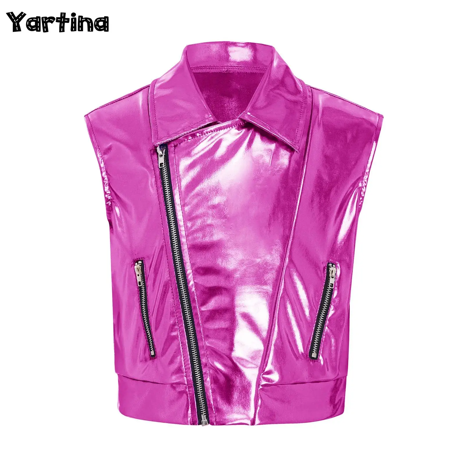 Kids Boys Girls Hip Hop Jazz Dance Performance Costume Zipper Metallic Jacket Tops Turn-Down Collar Vest Sleeveless Outerwear