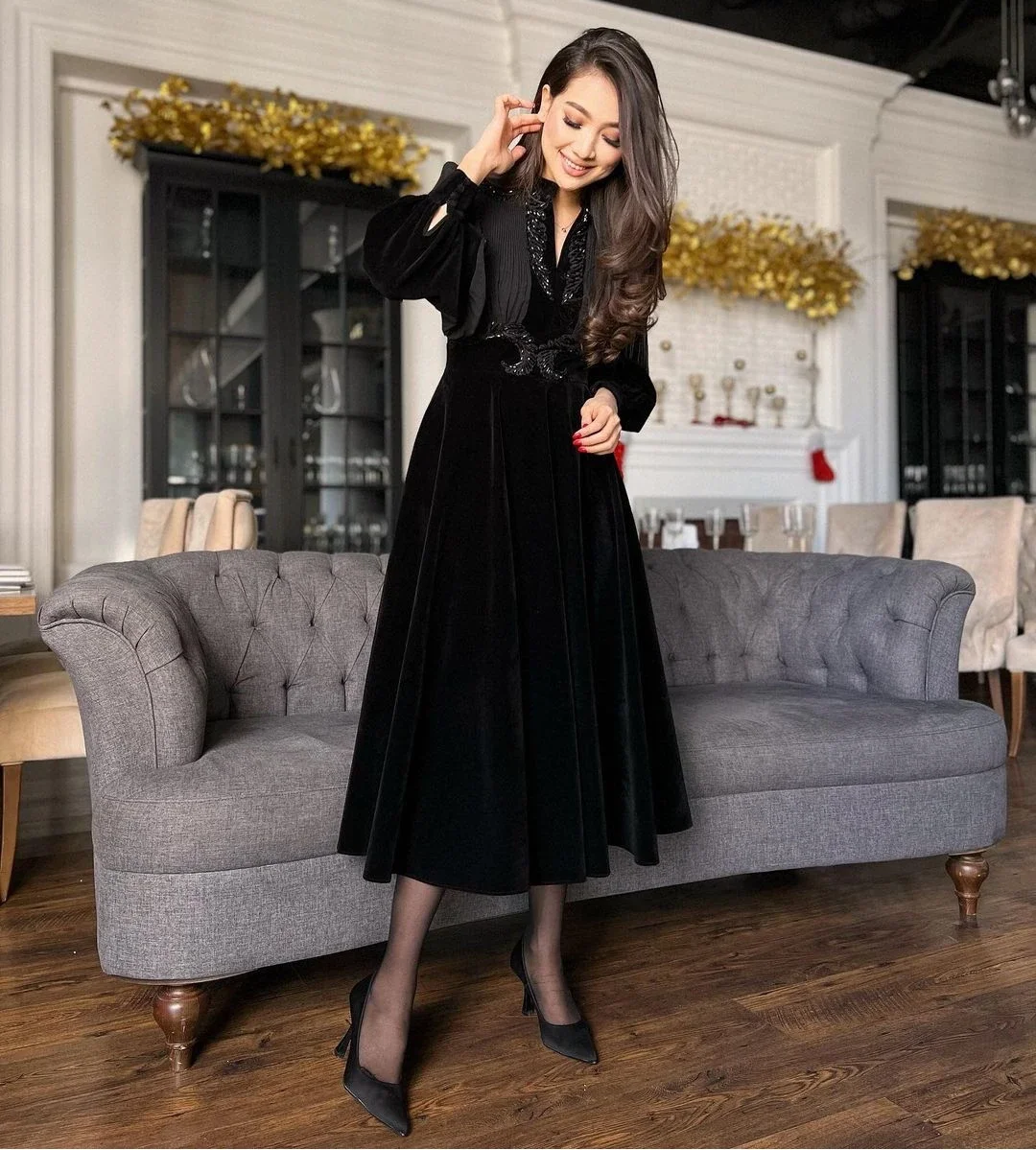 Classic Black Velour Prom Dresses Long Sleeves Ruched Beaded Sash Graduation Party Birthday Gowns Tea Length Evening Dress 2024