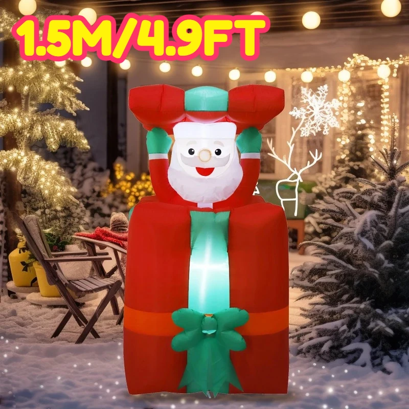 Caja de regalo inflable de Papá Noel de 1,5 M/4,9 pies, luces LED de Navidad para decoración del hogar, juguete para patio, decoración de iluminación para fiestas navideñas al aire libre