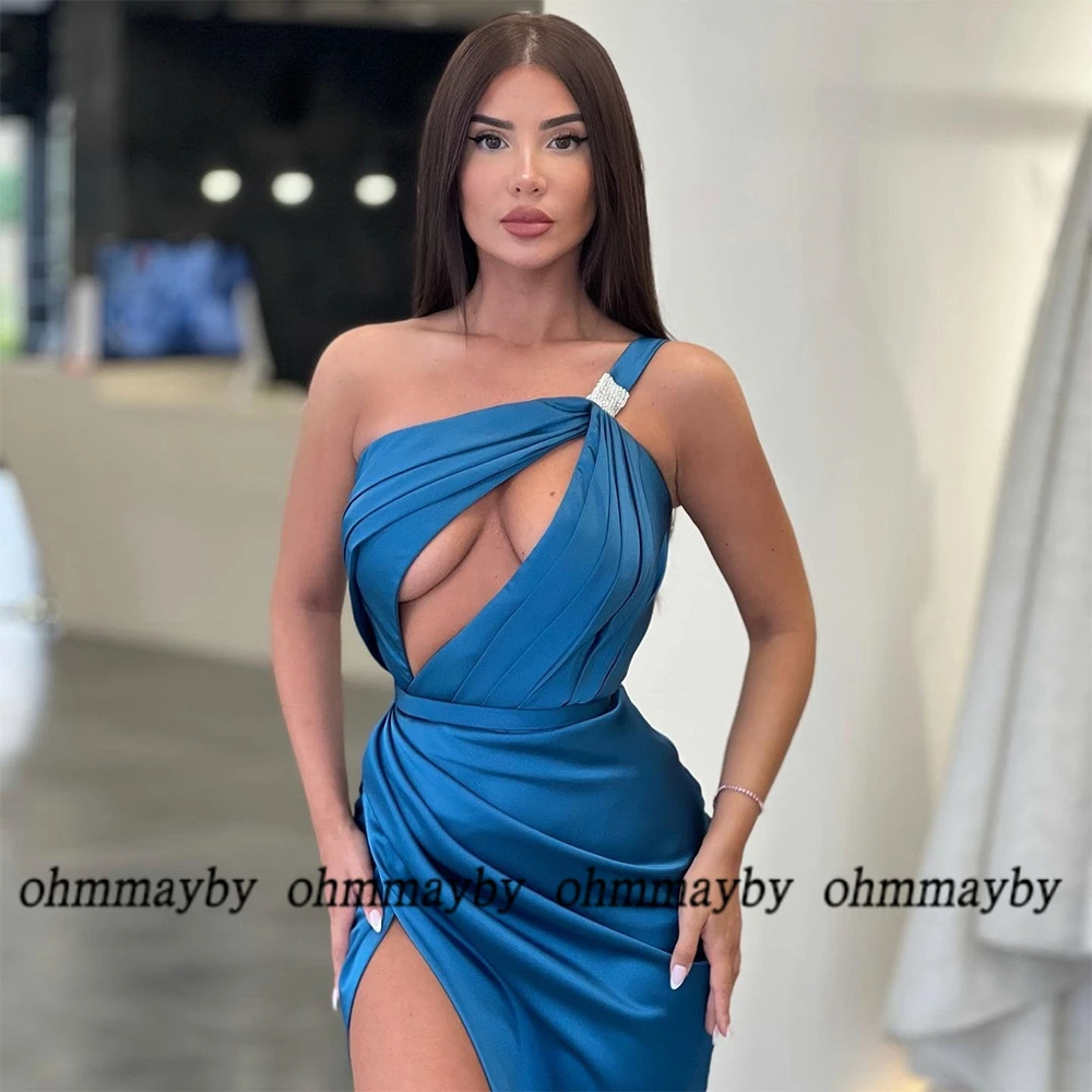 One Shoulder Navy Blue Strapless Prom Gowns Shimmering Evening Dresses with Jersey Court Train Sleeveless Robe De Soirée