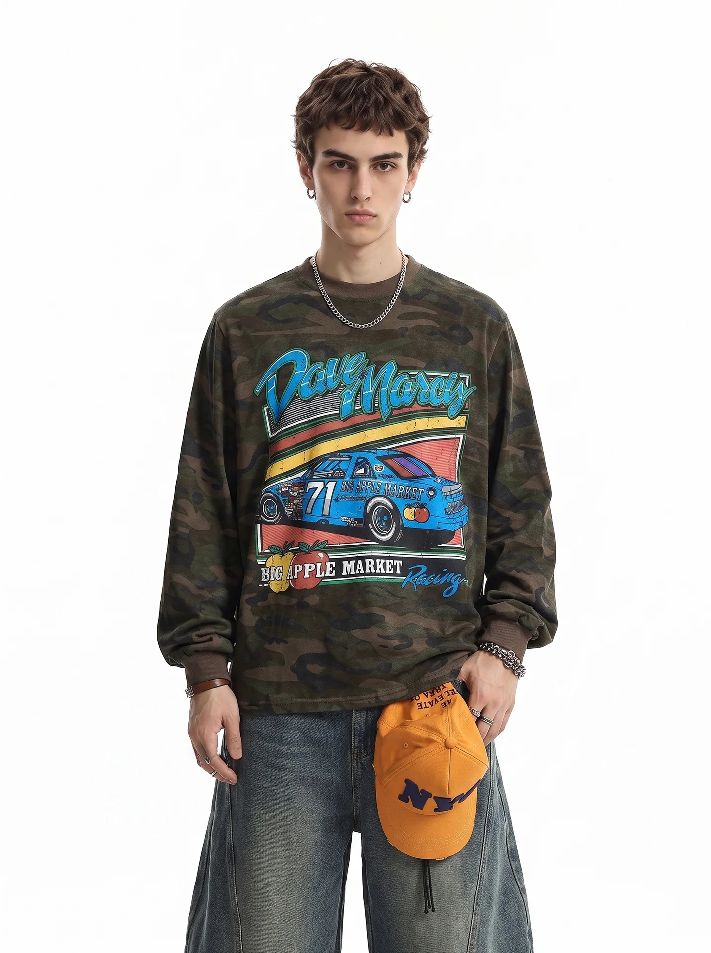 BETEBULE American Letter Racing Car Print Camouflage Long Sleeve Men's T-shirt Autumn Loose Top Fashionable Street Style