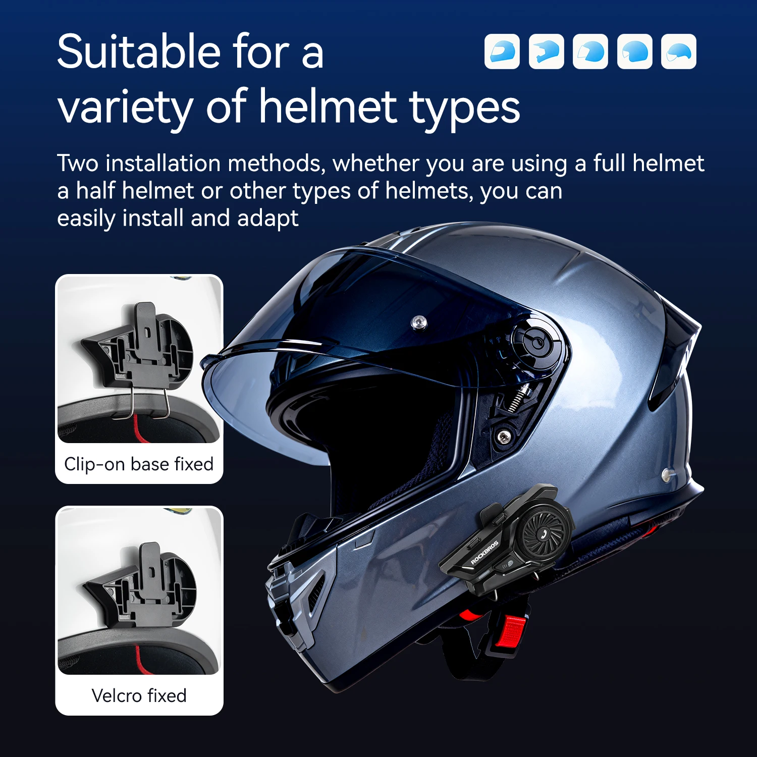 ROCKBROS Bluetooth-Headset, Motorradhelm, Bluetooth-Headset, 18-Stunden-Akku, wasserdicht, voller Halbhelm, Bluetooth-Headset