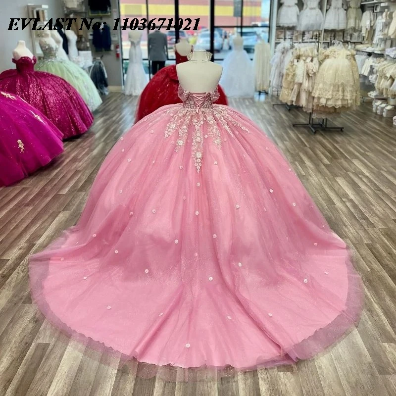 EVLAST-Vestido Quinceanera Rosa Brilhante, Vestido De Baile, Lace Applique, Beading Cristal, Espartilho Mexicano, Sweet 16, SQ208, 15 Anos