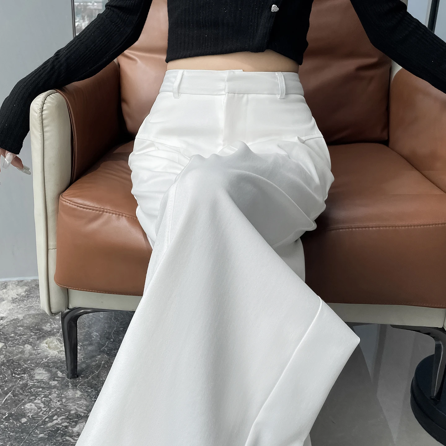 กางเกงขายาวทรงขากว้างสำหรับผู้หญิง สีน้ำเงินเข้ม แบบเดนิม เอวสูง ช่วยเก็บหน้าท้อง ทรงหลวม ขาตรง สไตล์ลำลอง ยาวคลุมเท้า