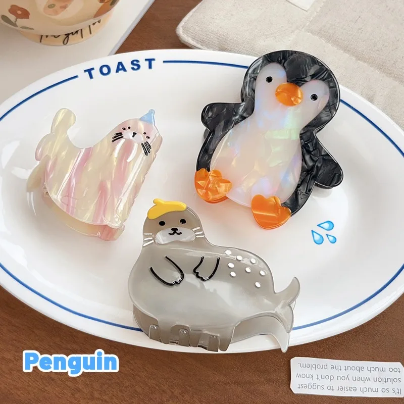 Pinza para el pelo de acetato con temática oceánica, diseño de tiburón, foca y león marino de dibujos animados, para peinados medio-apanados, accesorio de pelo encantador y elegante, ideal como regalo